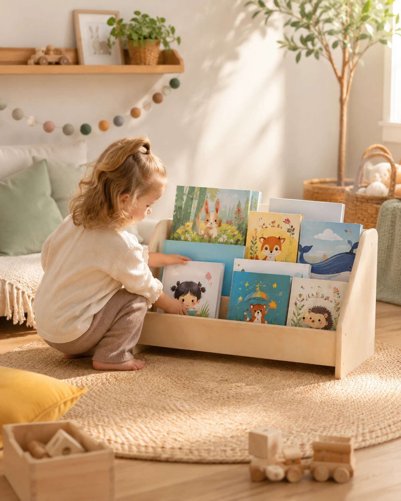 Niña eligiendo sus libros de forma autónoma en un espacio Montessori
