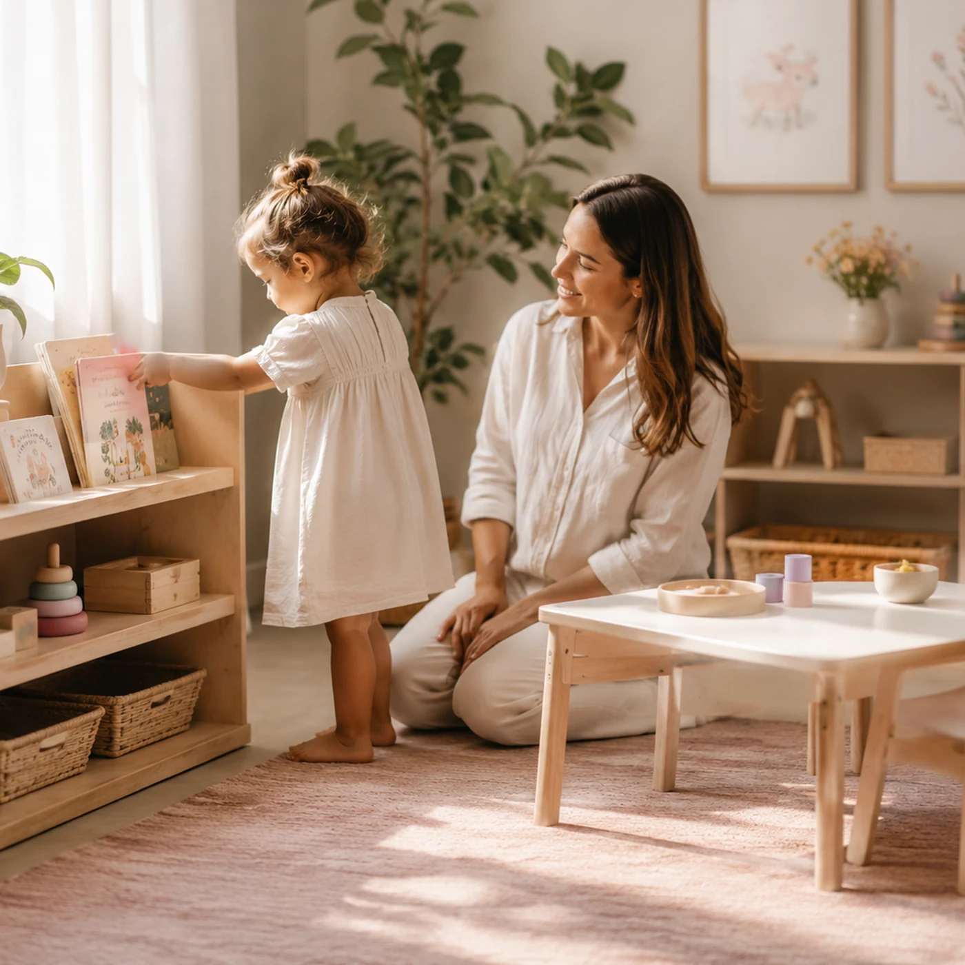 Mamá acompañando a su hija en un ambiente Montessori preparado